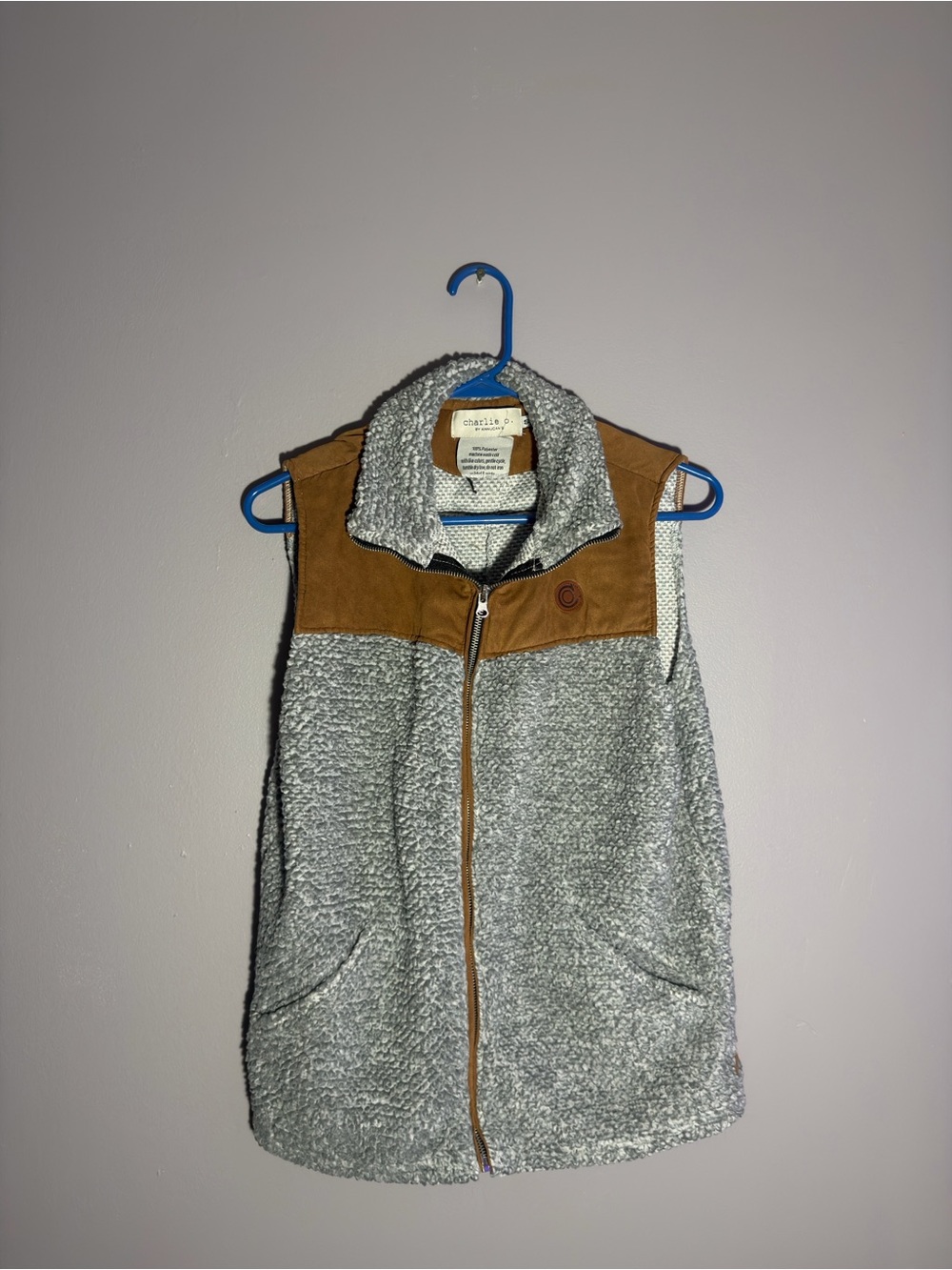Cozy Sherpa Vest with Brown Suede Yoke - Chestnut/Heather Gray
